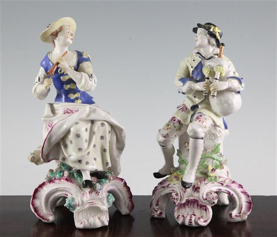 A near pair of Bow figures of musicians, c.1758, 22cm and 23cm, slight restorations